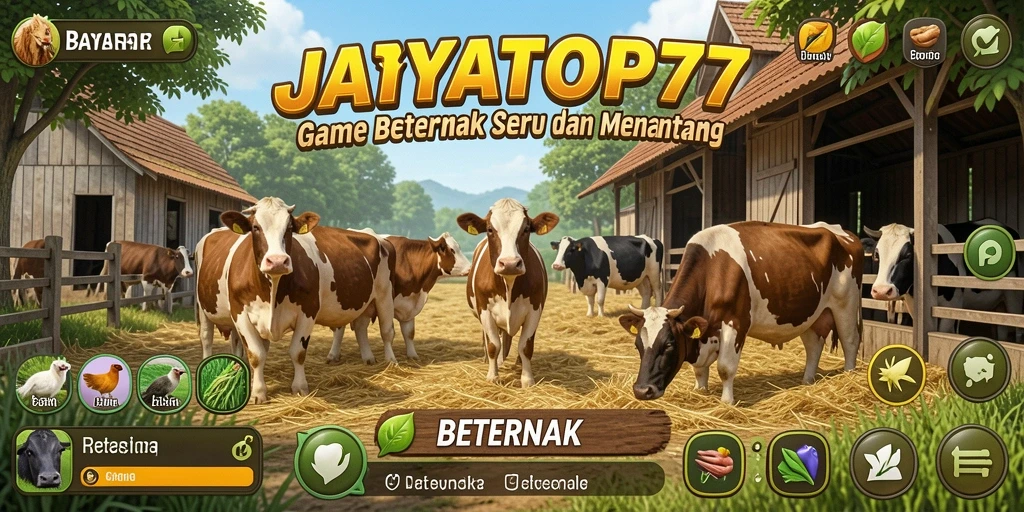Antarmuka JAYATOP77 yang menampilkan hewan dan tanaman di peternakan.